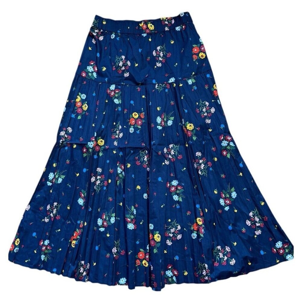 Kate Spade Sz S Skirt Blue French Navy Blue Floral Midi Cotton Pleated Preppy
